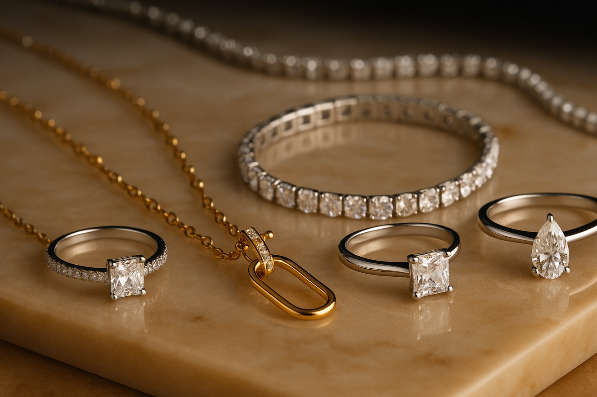 Prism and Pearl Jewellery collection posed on a marble background in an aesthetically pleasing manner