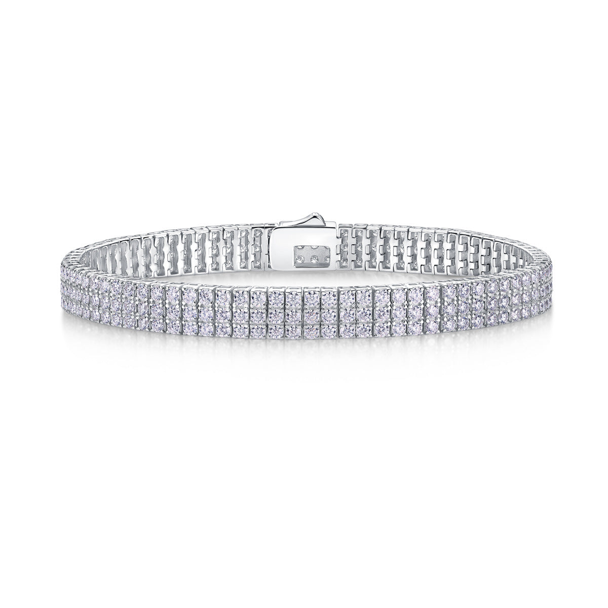 Silver bracelet with three rows of moissanite 300 stones clear stones on a white background