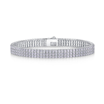 Silver bracelet with three rows of moissanite 300 stones clear stones on a white background