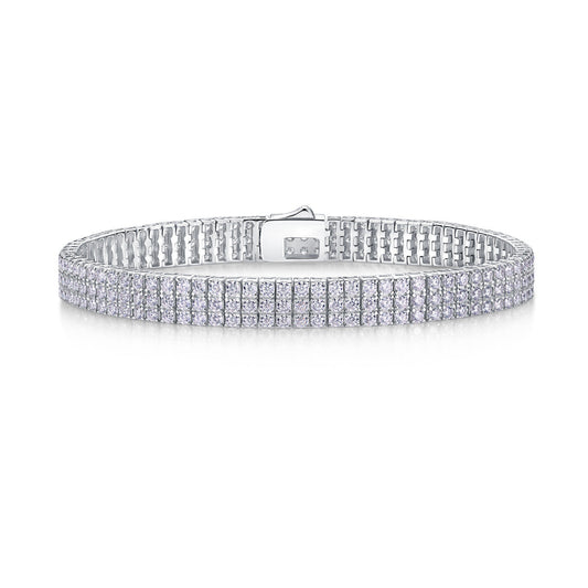 Silver bracelet with three rows of moissanite 300 stones clear stones on a white background