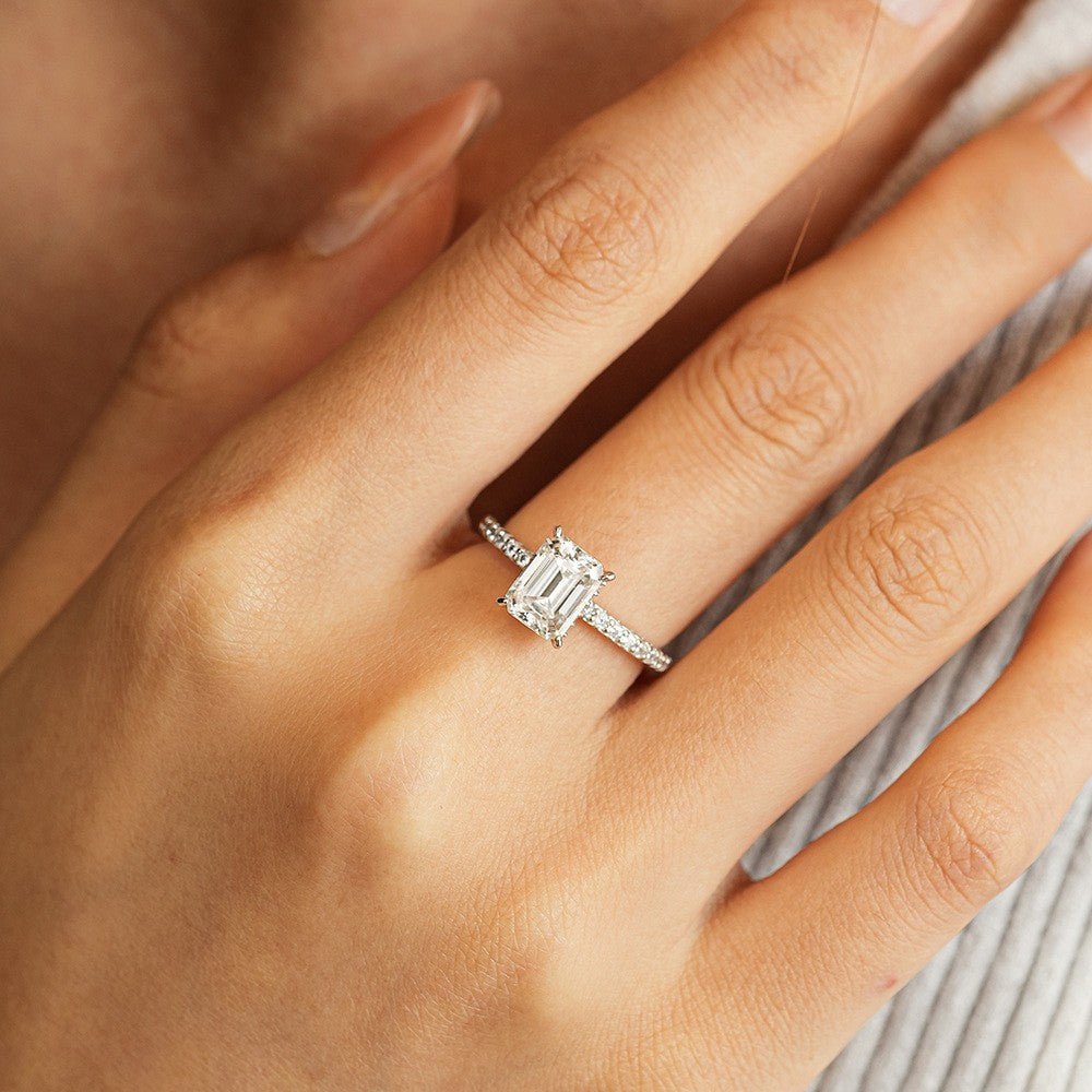 Illana Emerald Cut Hidden Halo Ring, view 3
