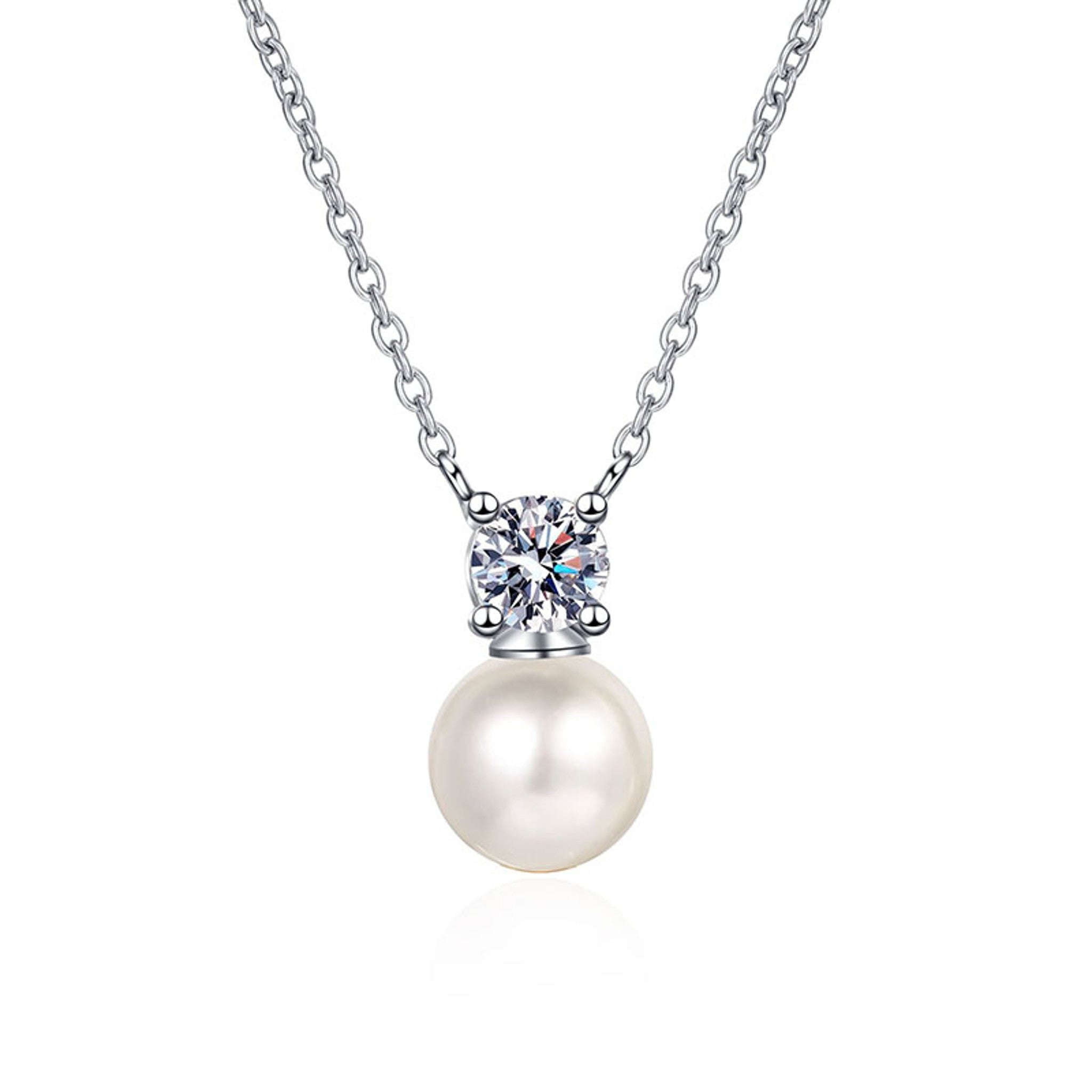 Round moissanite with luminous pearl drop pendant in sterling silver