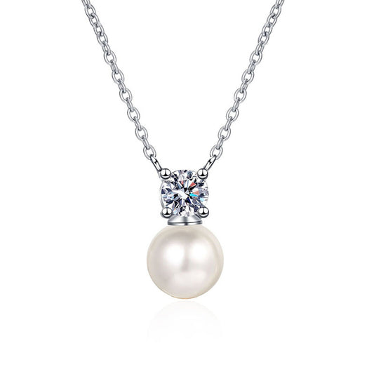 Round moissanite with luminous pearl drop pendant in sterling silver