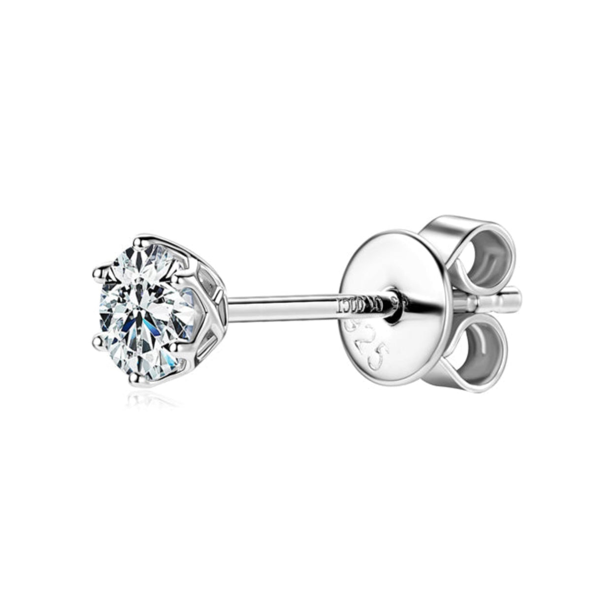Single Rosalie six prong moissanite stud earring with butterfly back, sold individually